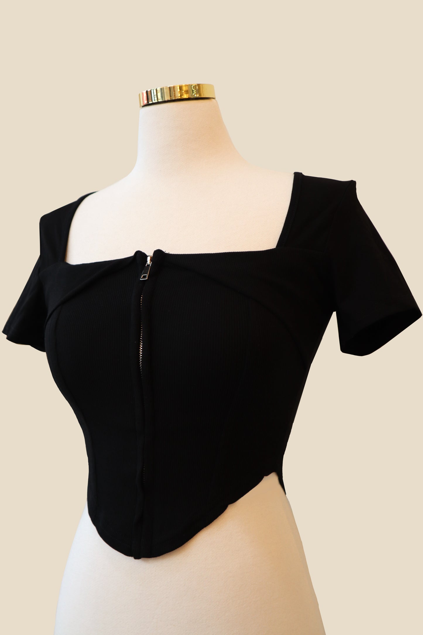 Padded Zipper Squared-Neck Short Sleeve