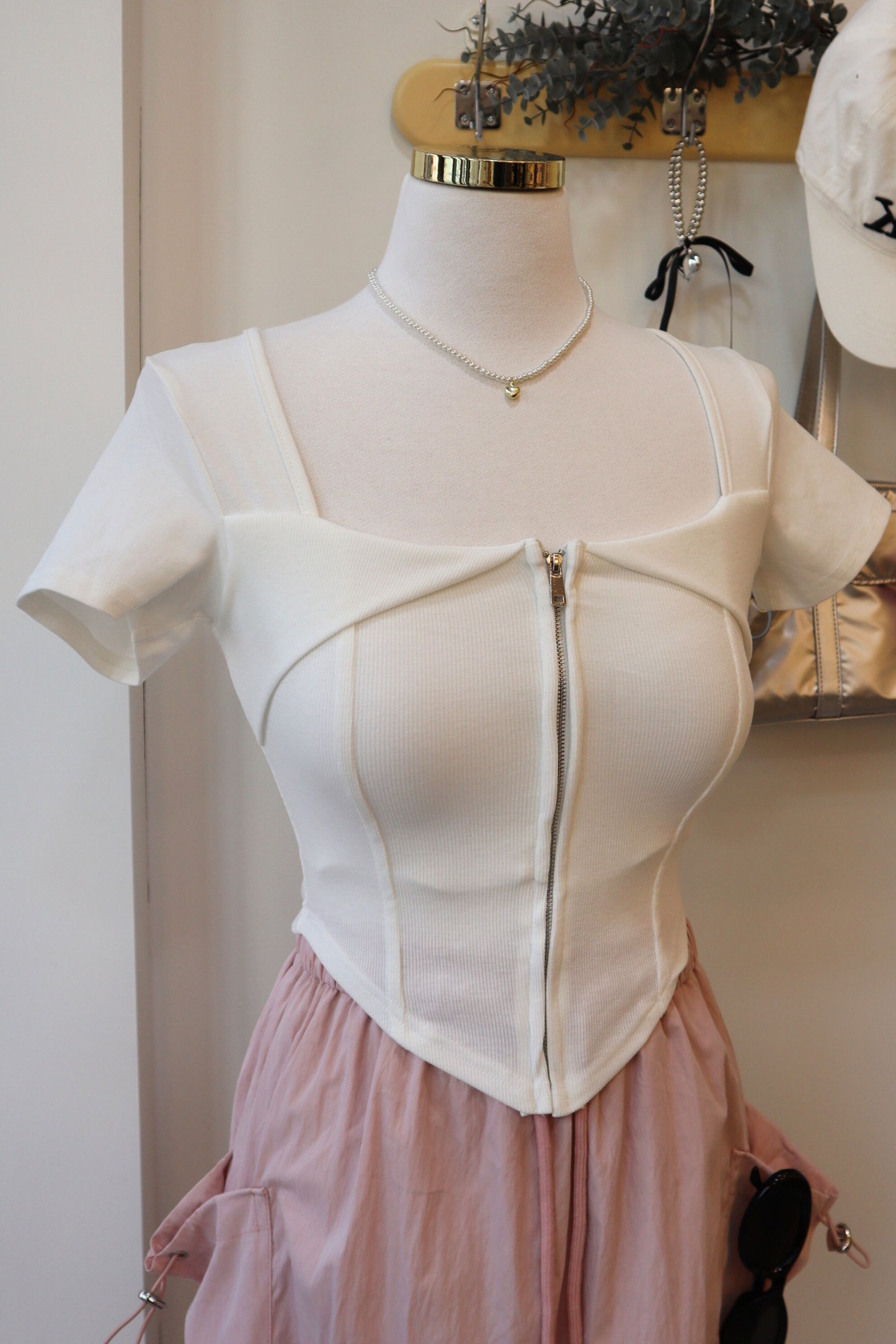Padded Zipper Squared-Neck Short Sleeve