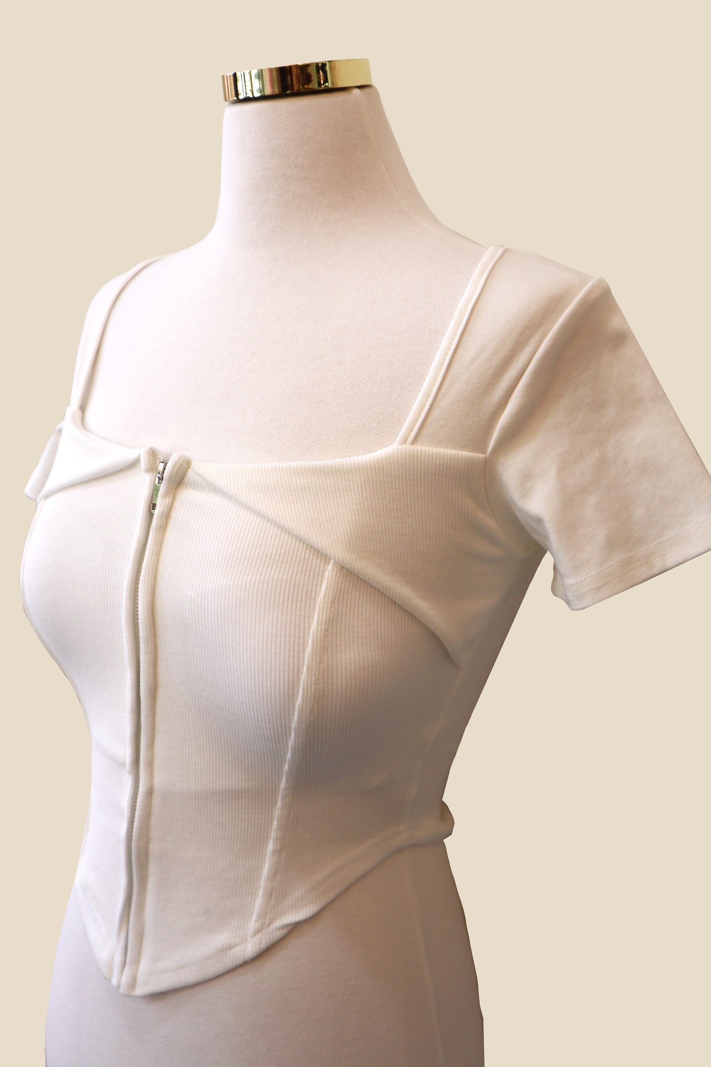 Padded Zipper Squared-Neck Short Sleeve