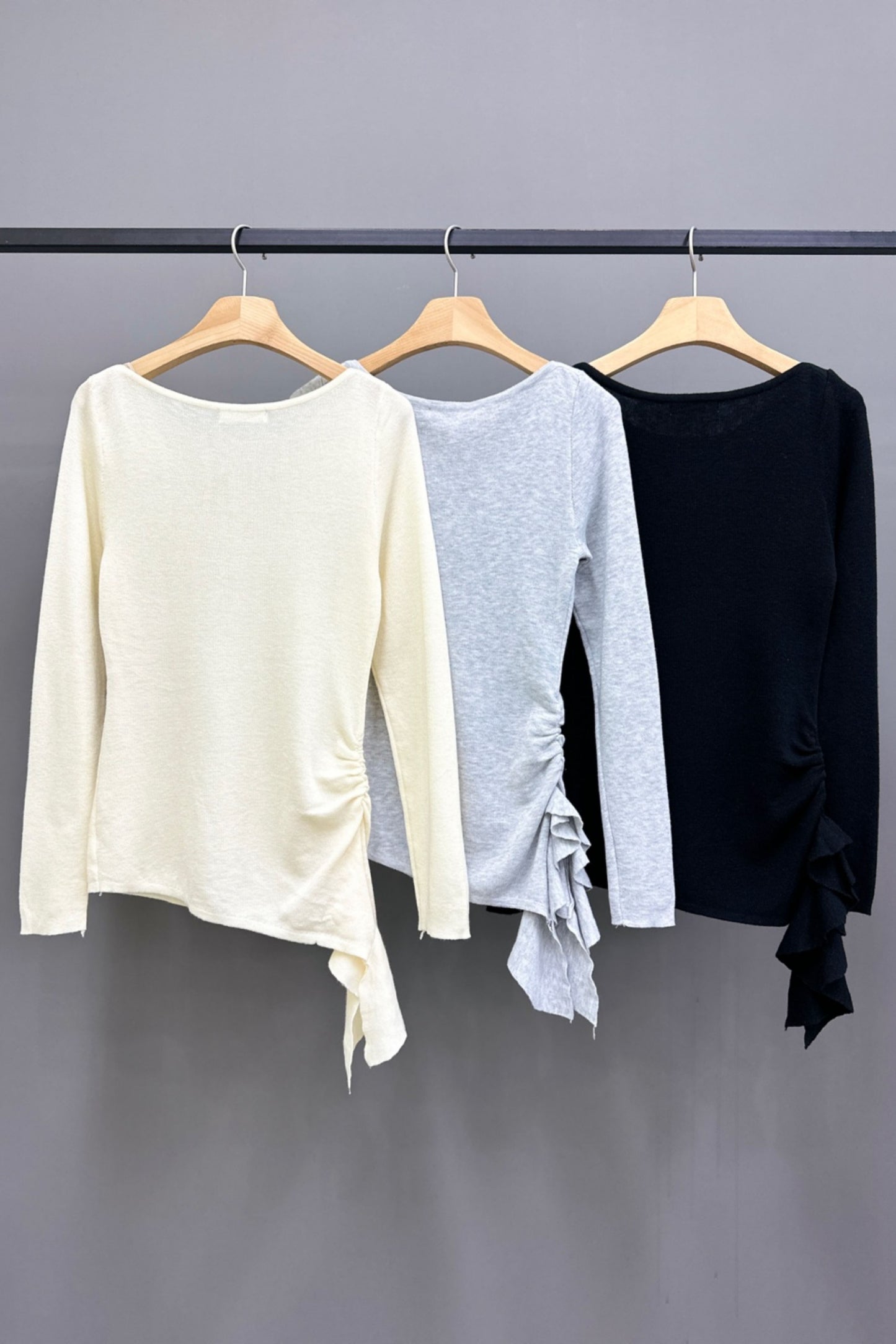 Side Ruffle Light Knit Long Sleeve