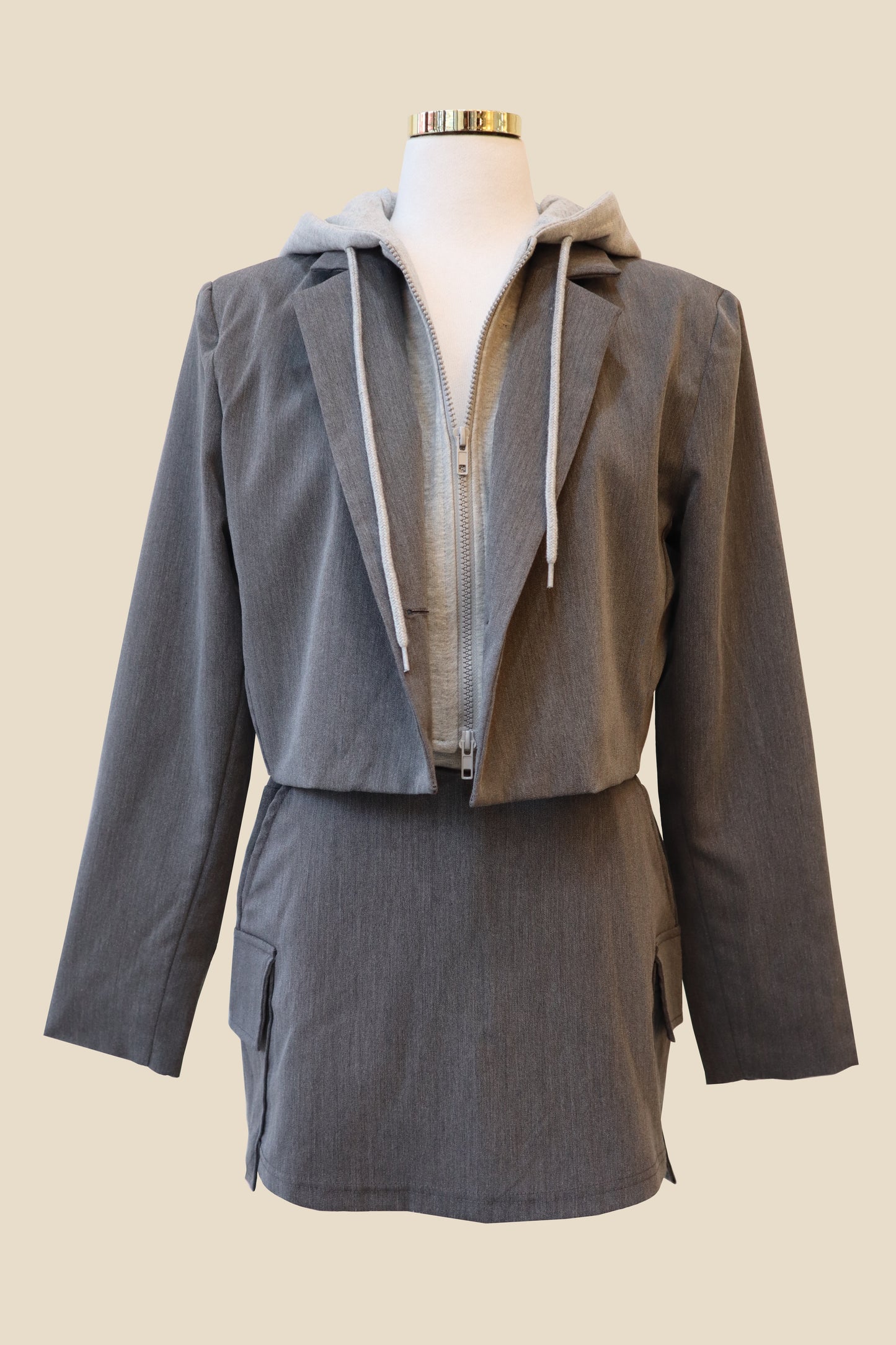 Two-Toned Hooded Blazer Skort Set