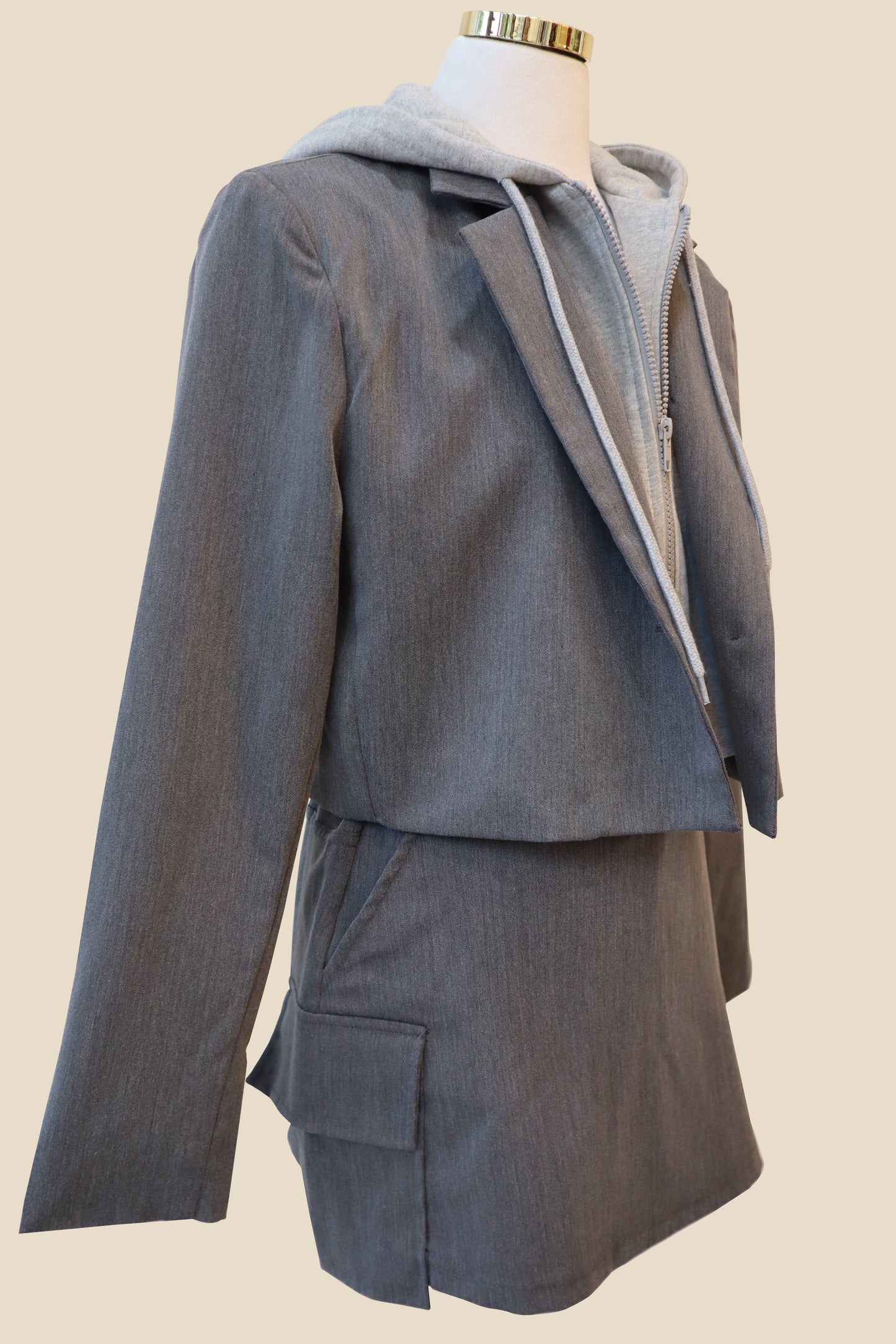 Two-Toned Hooded Blazer Skort Set