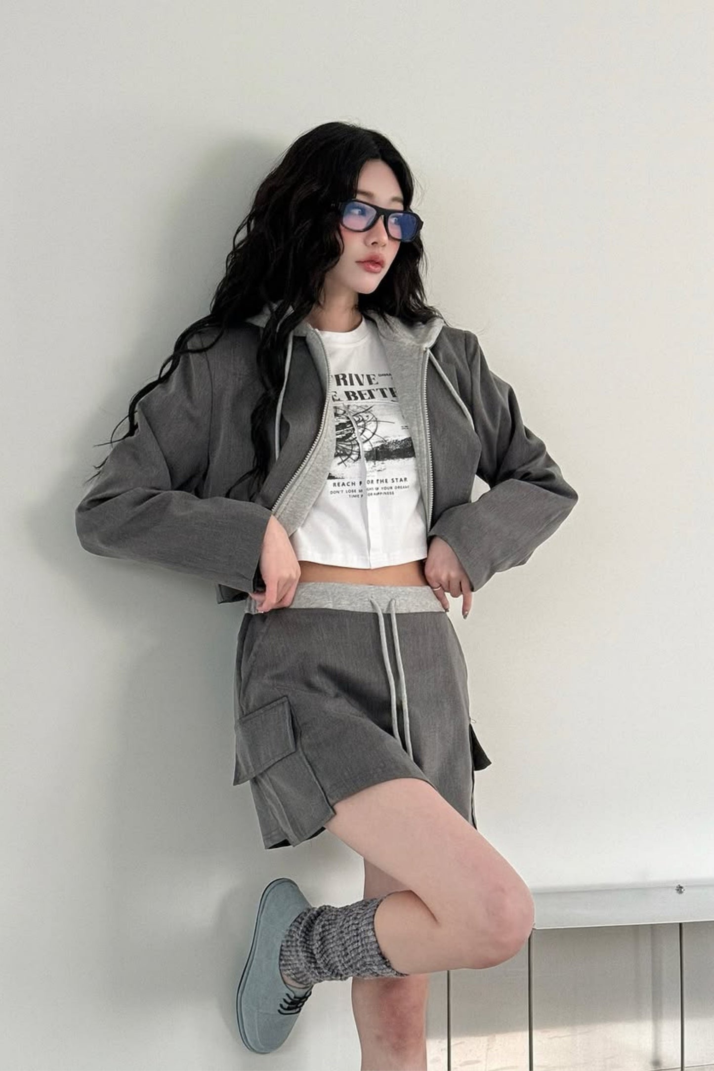 Two-Toned Hooded Blazer Skort Set