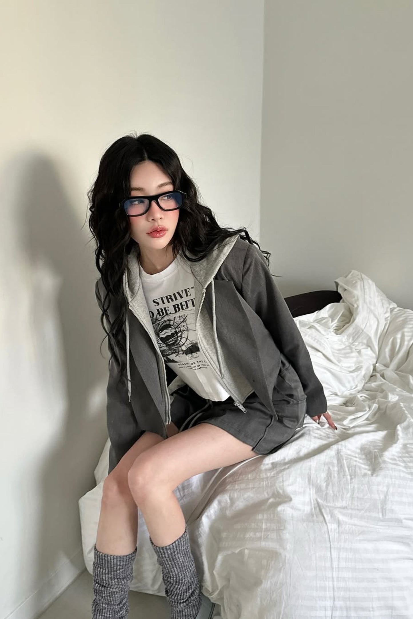 Two-Toned Hooded Blazer Skort Set