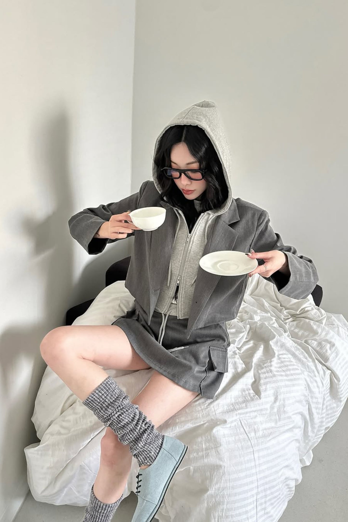 Two-Toned Hooded Blazer Skort Set