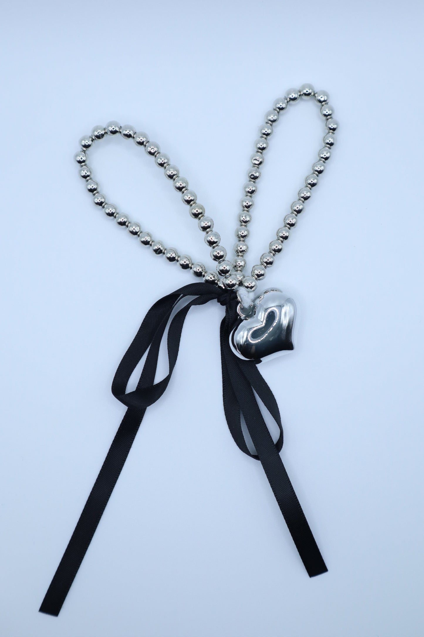 Plump Heart Charm Ribbon Silver Hair tie