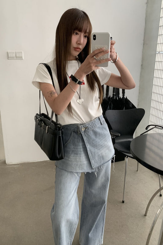 Straight-Wide Wrap Skirt Denim Pants