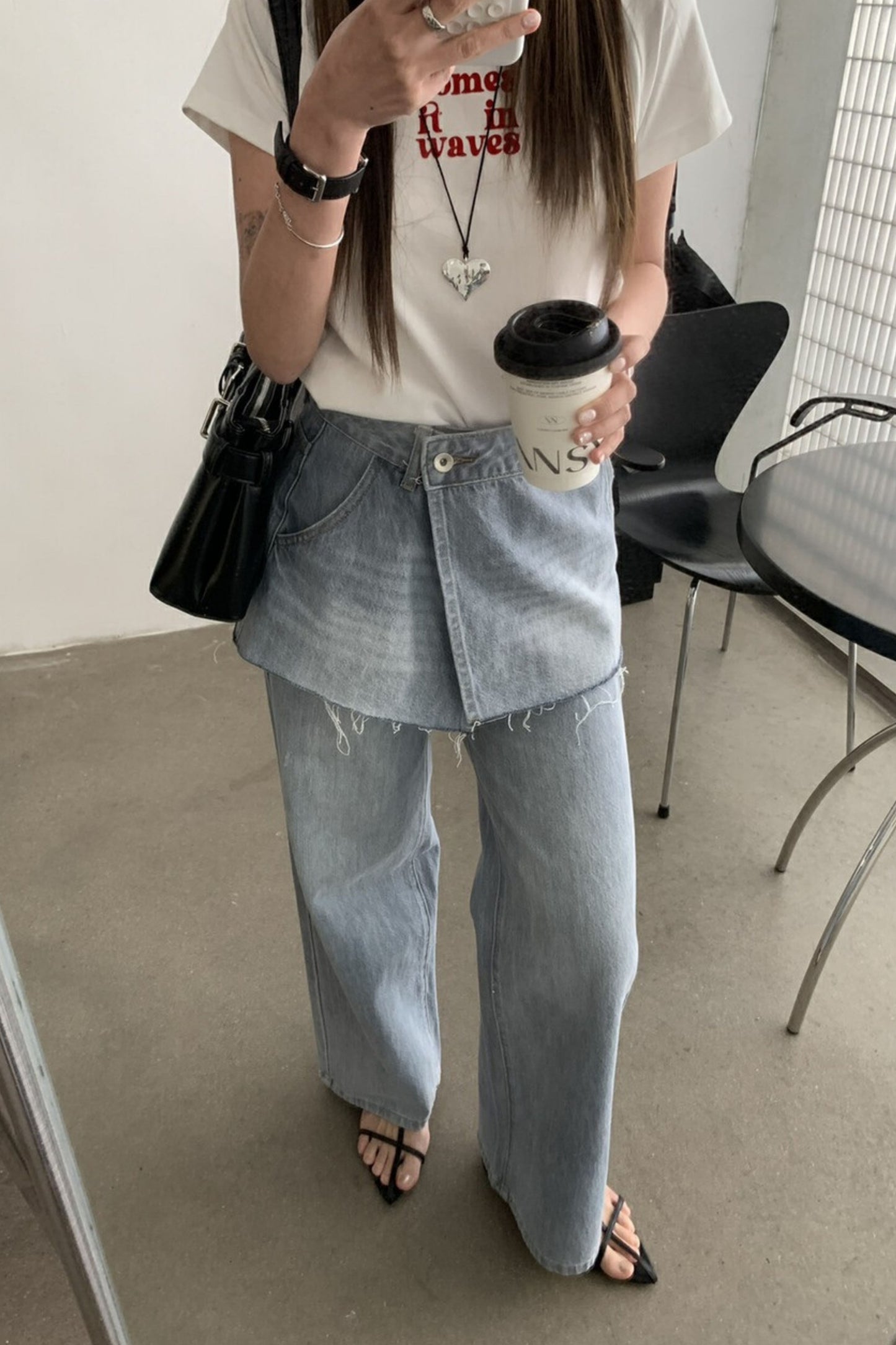 Straight-Wide Wrap Skirt Denim Pants