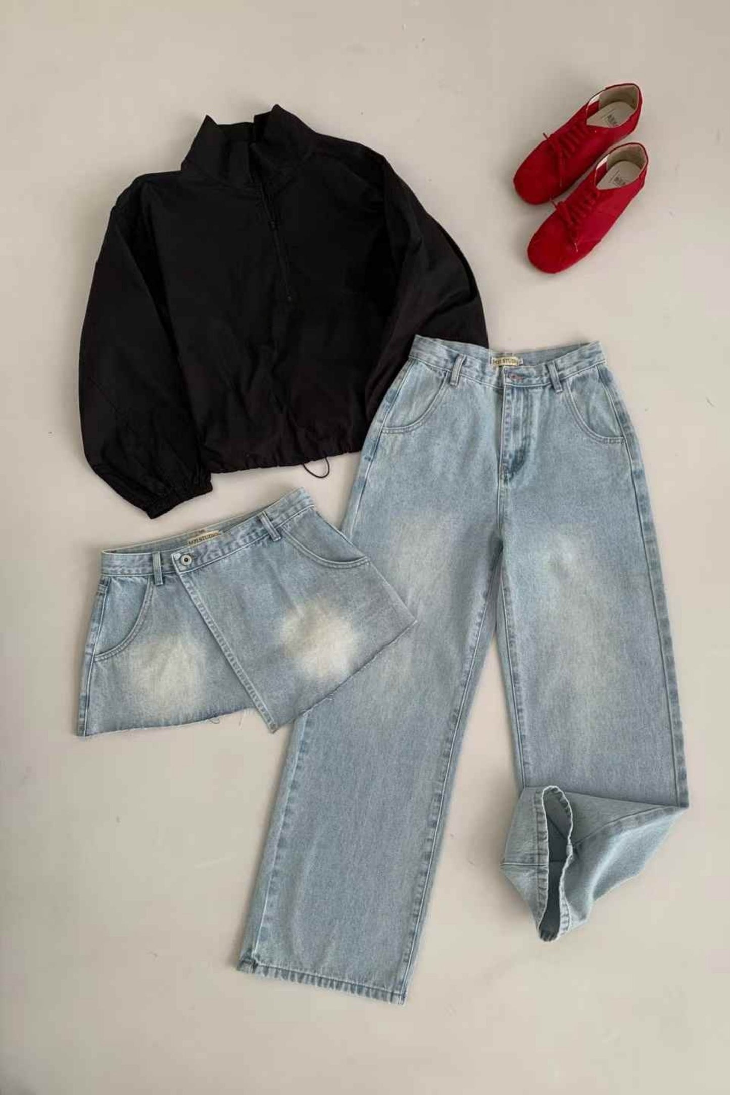 Straight-Wide Wrap Skirt Denim Pants