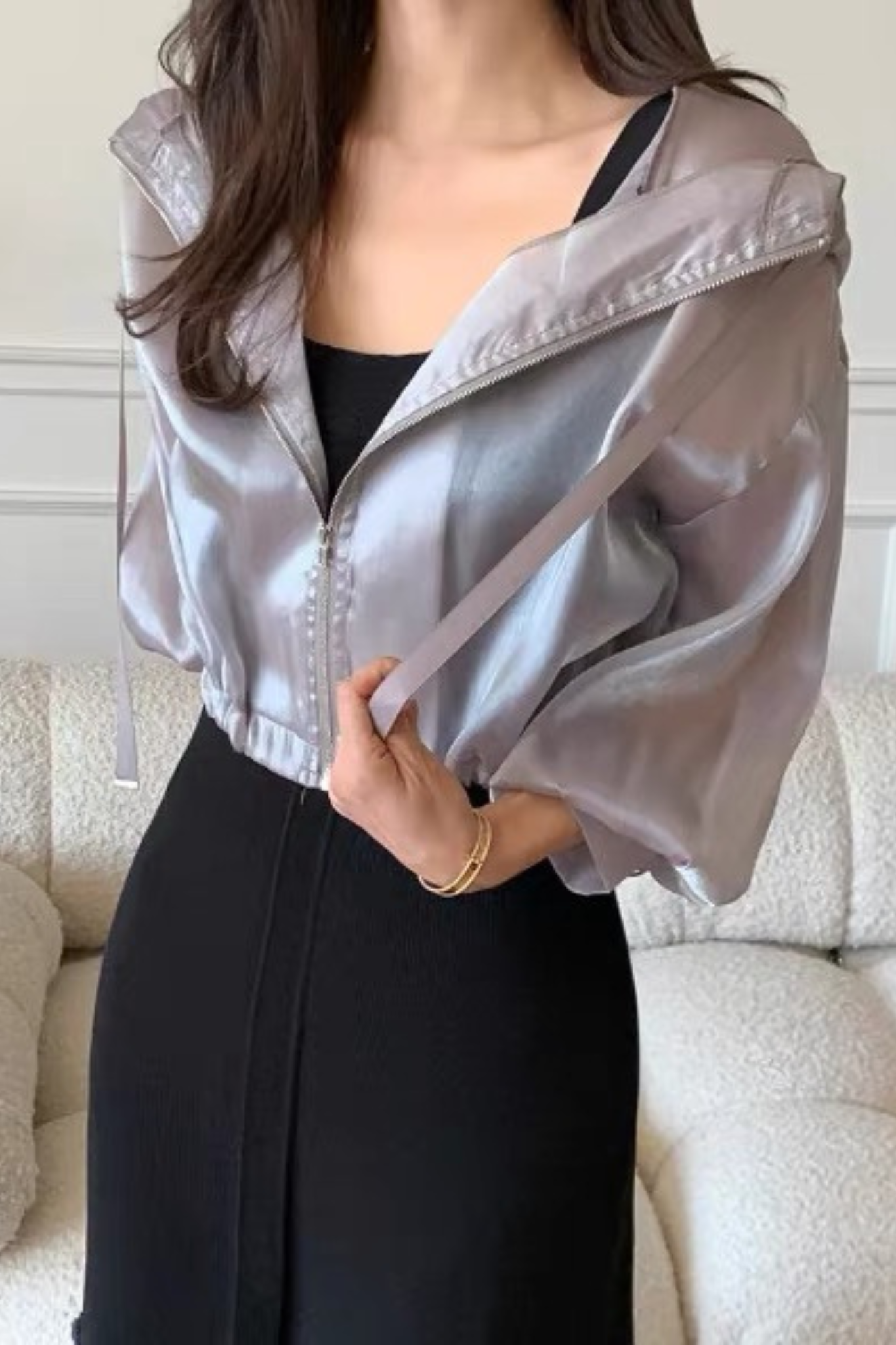 Glossy Sheer Mesh Zip-Up