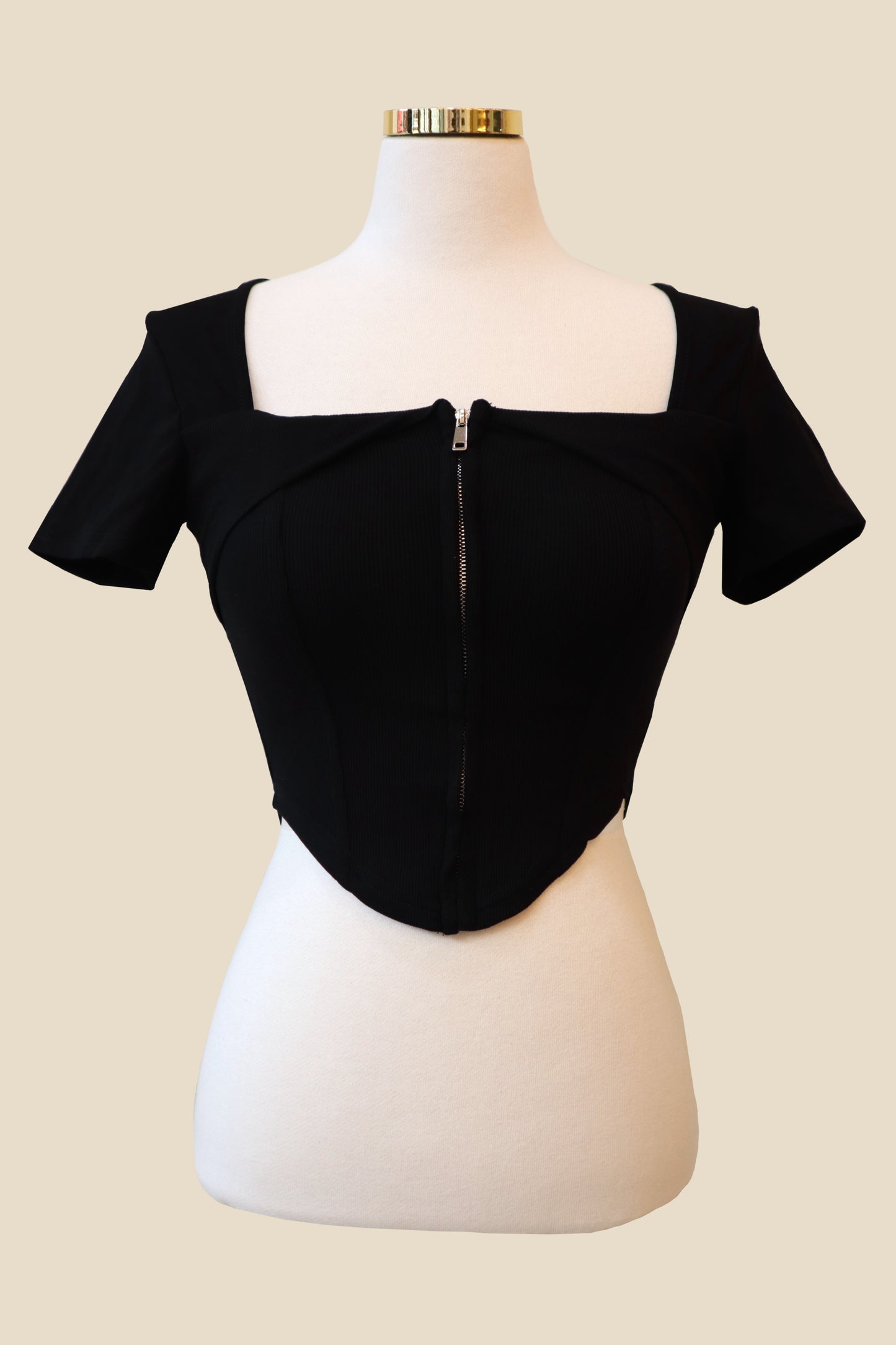 Padded Zipper Squared-Neck Short Sleeve