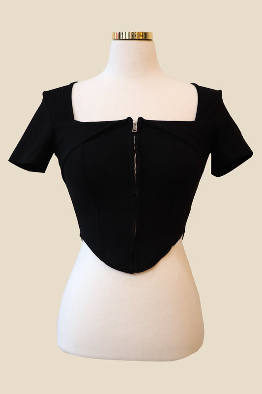 Padded Zipper Squared-Neck Short Sleeve