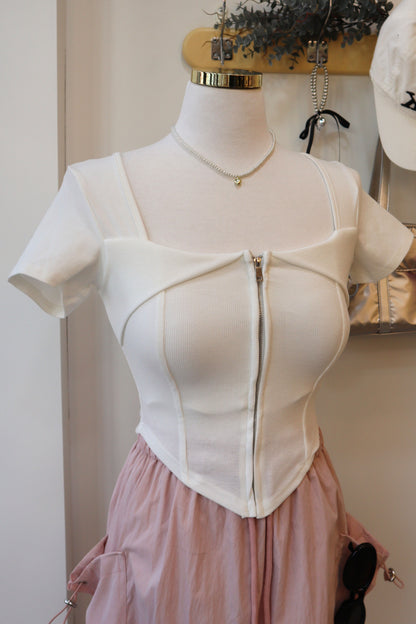 Padded Zipper Squared-Neck Short Sleeve