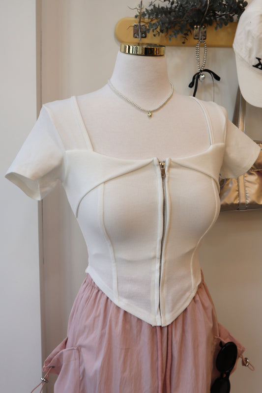 Padded Zipper Squared-Neck Short Sleeve