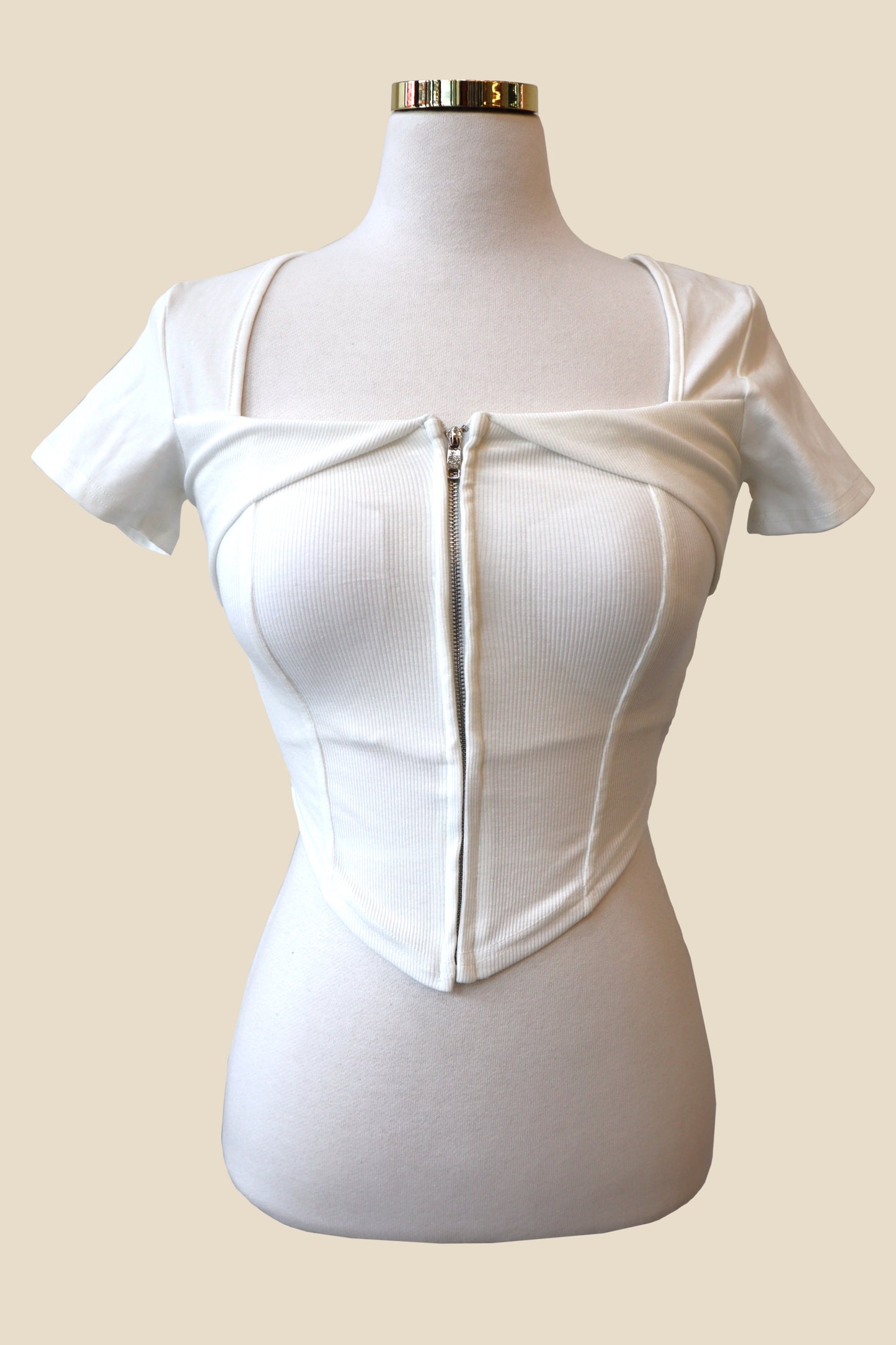 Padded Zipper Squared-Neck Short Sleeve