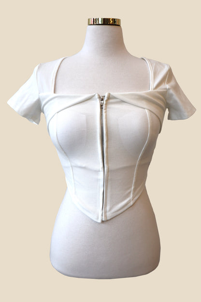 Padded Zipper Squared-Neck Short Sleeve