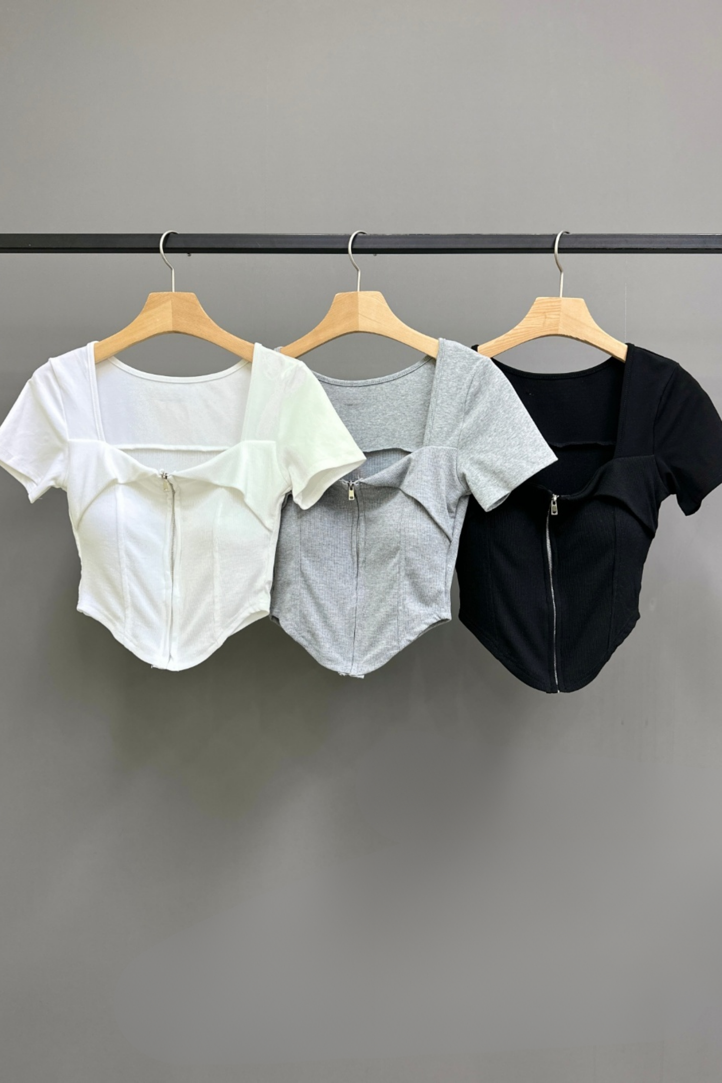 Padded Zipper Squared-Neck Short Sleeve