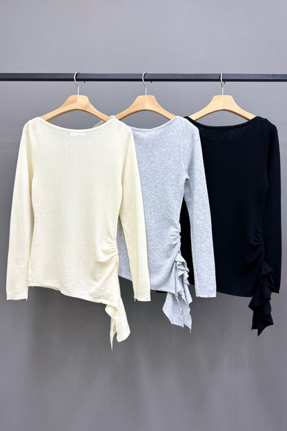 Side Ruffle Light Knit Long Sleeve