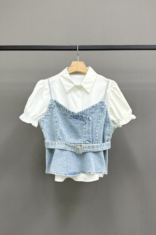 Double-Layered Denim Tank Shirt Set