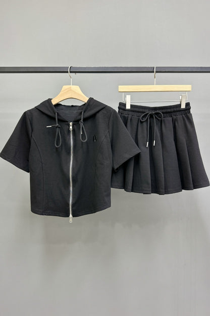 Log Hooded Zip-Up & Pleated Skirt Set