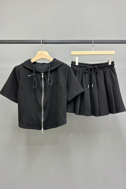 Log Hooded Zip-Up & Pleated Skirt Set