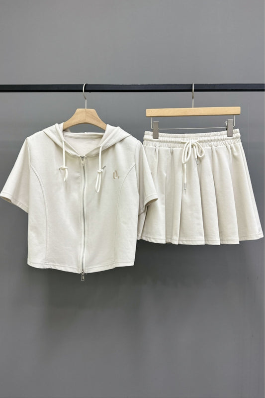 Log Hooded Zip-Up & Pleated Skirt Set
