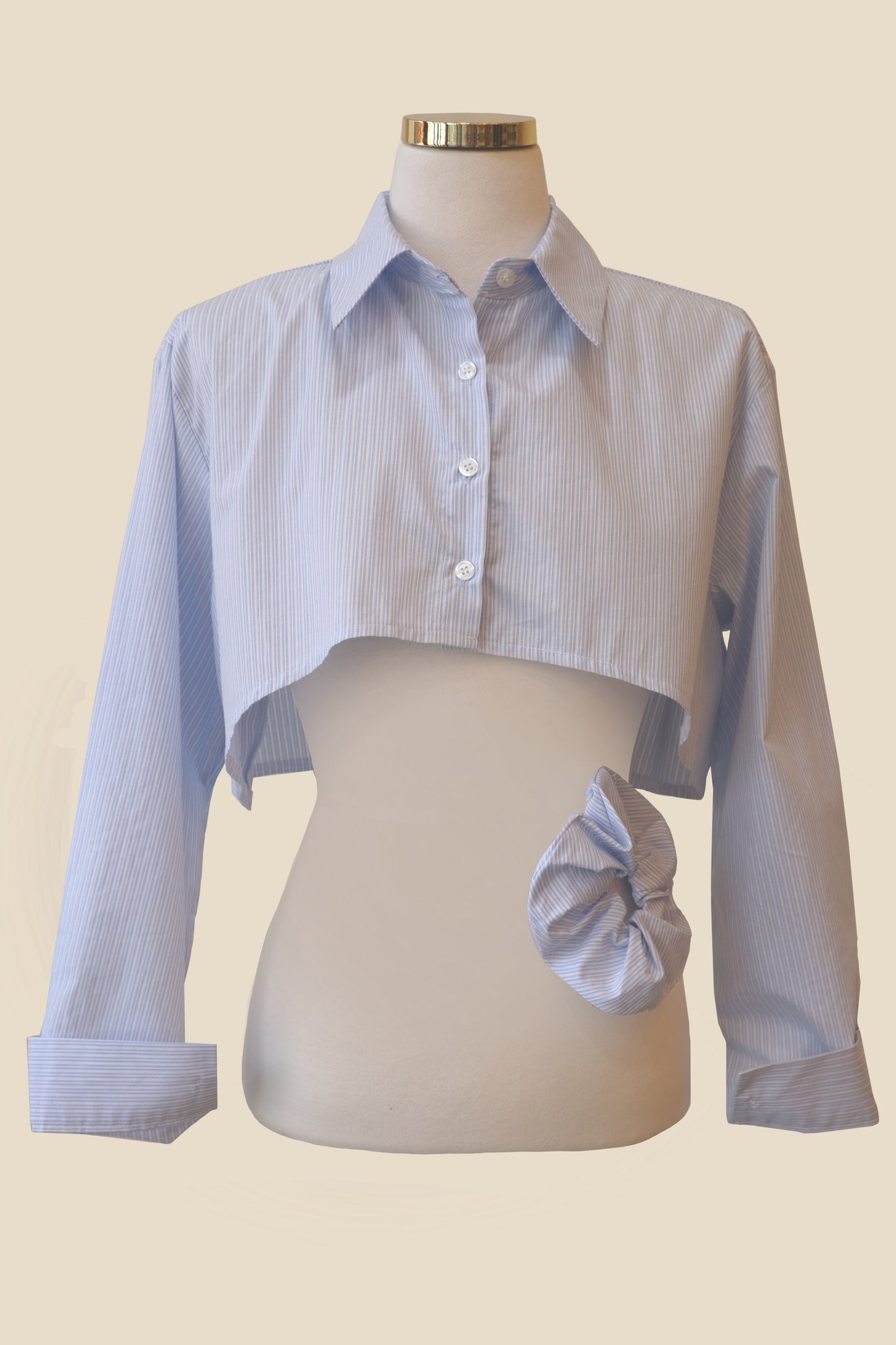 Cropped Stripe Collared Shirt Scrunchie Set