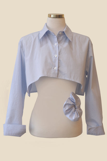 Cropped Stripe Collared Shirt Scrunchie Set