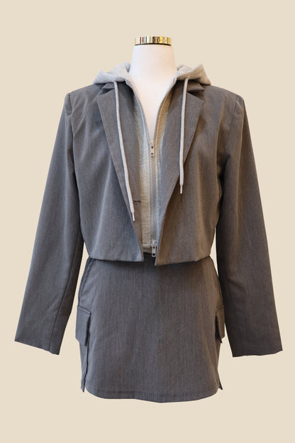 Two-Toned Hooded Blazer Skort Set