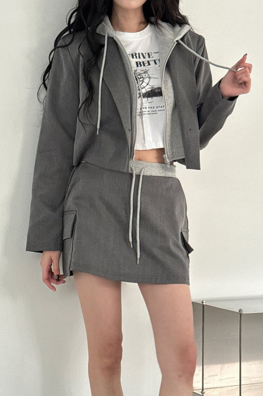 Two-Toned Hooded Blazer Skort Set