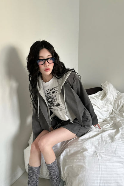 Two-Toned Hooded Blazer Skort Set