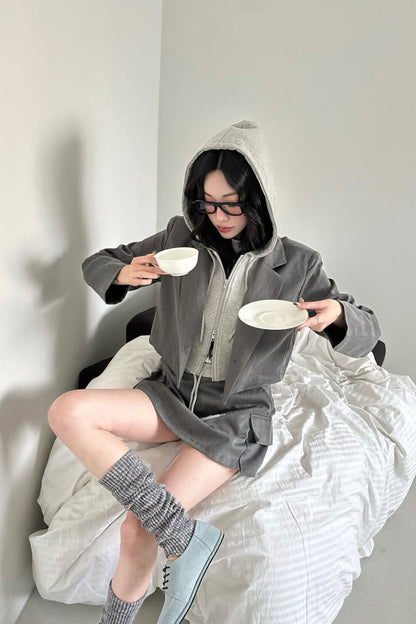Two-Toned Hooded Blazer Skort Set