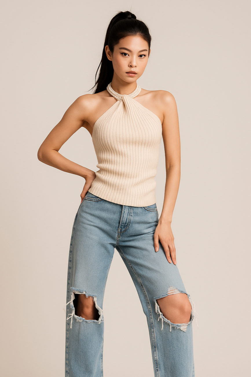 Pearl-Neck Sleeveless Top