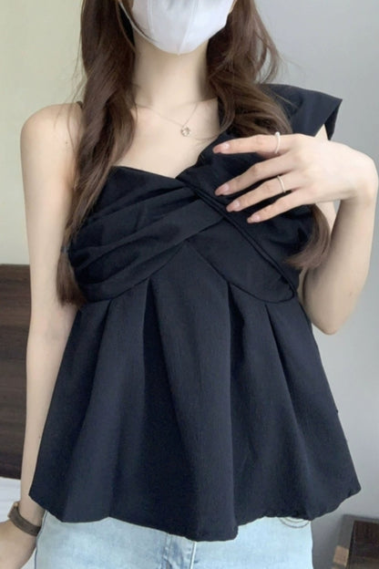 Unbalanced Pleated Sleeveless Blouse Top