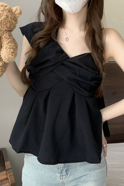 Unbalanced Pleated Sleeveless Blouse Top