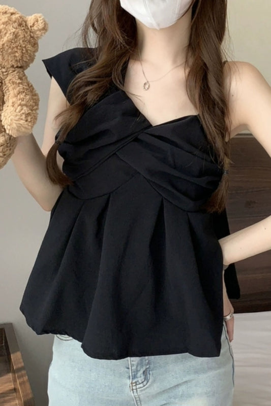Unbalanced Pleated Sleeveless Blouse Top