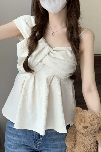 Unbalanced Pleated Sleeveless Blouse Top