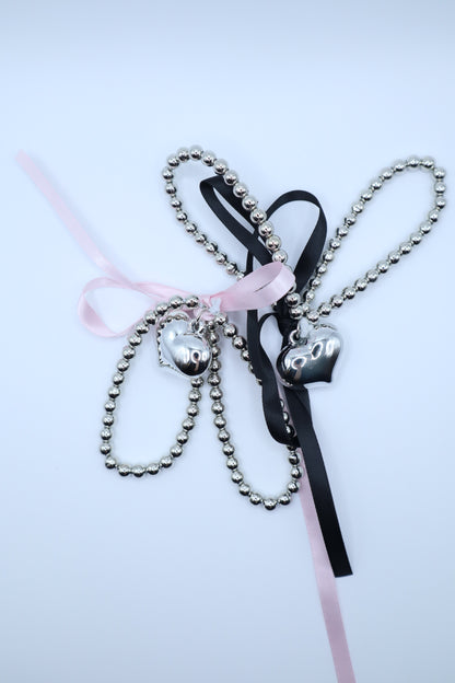 Plump Heart Charm Ribbon Silver Hair tie