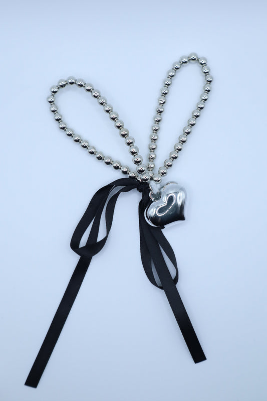 Plump Heart Charm Ribbon Silver Hair tie