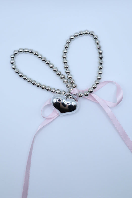 Plump Heart Charm Ribbon Silver Hair tie