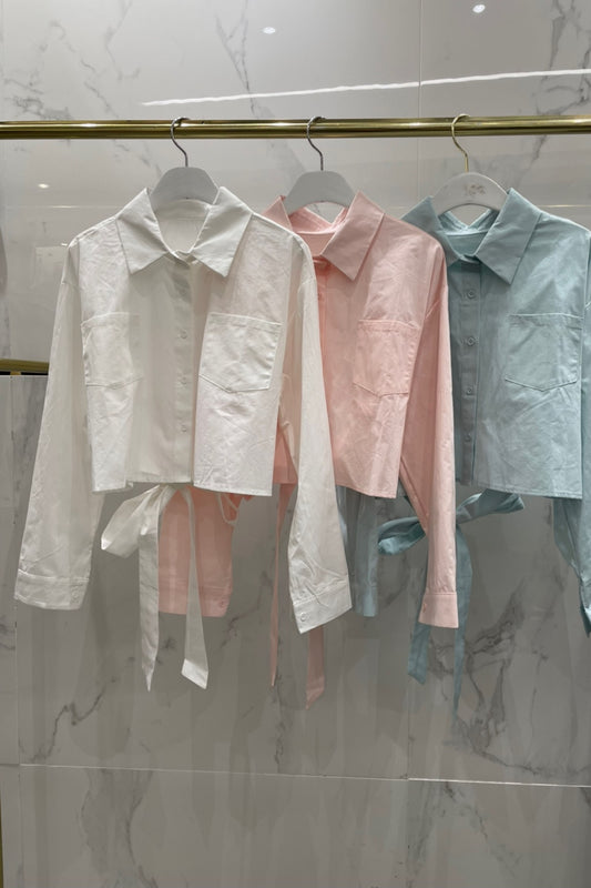 Ribbon Back Cropped Collared Shirt