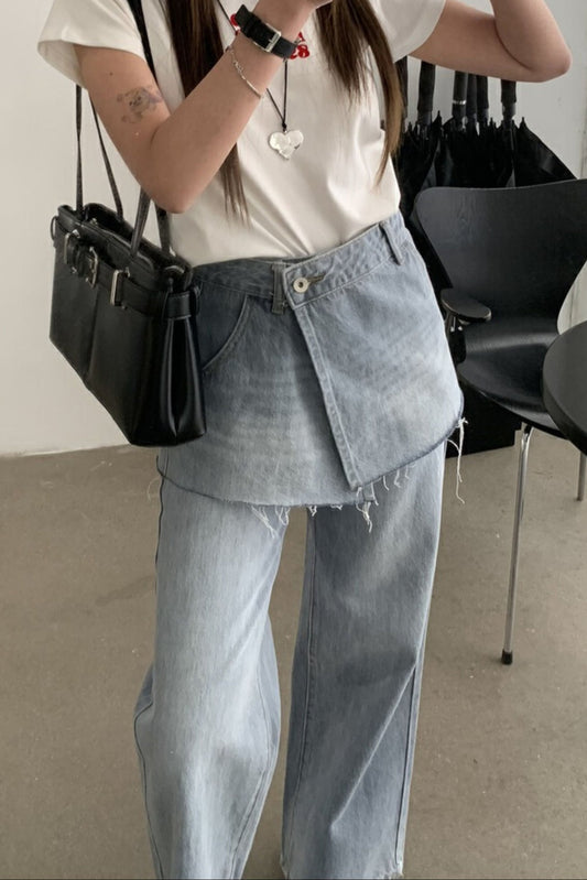 Straight-Wide Wrap Skirt Denim Pants