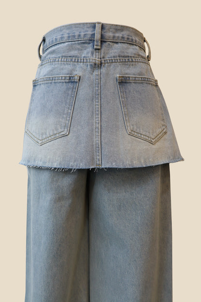 Straight-Wide Wrap Skirt Denim Pants