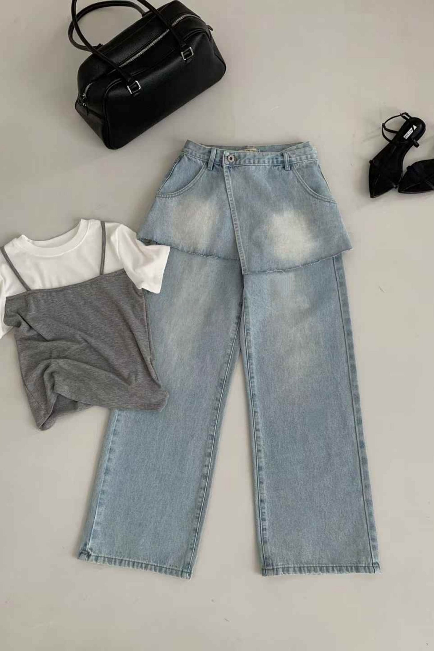 Straight-Wide Wrap Skirt Denim Pants