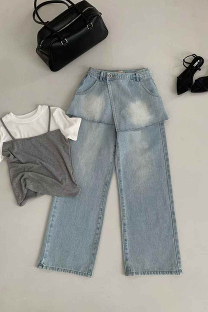 Straight-Wide Wrap Skirt Denim Pants