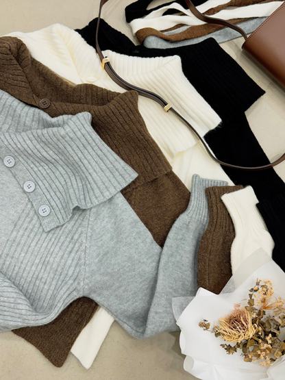 Collar Accent Button Knit Scarf Set