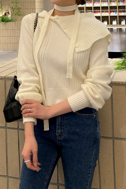 Collar Accent Button Knit Scarf Set