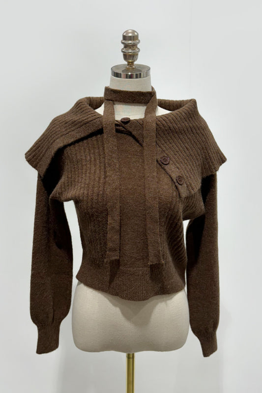 Collar Accent Button Knit Scarf Set