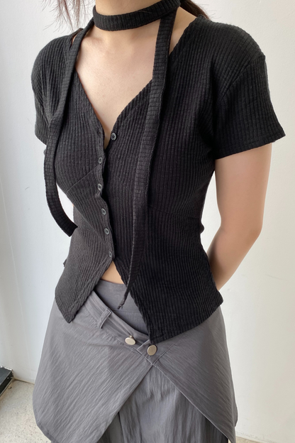 V-Neck Button Down Shirt & Scarf Set