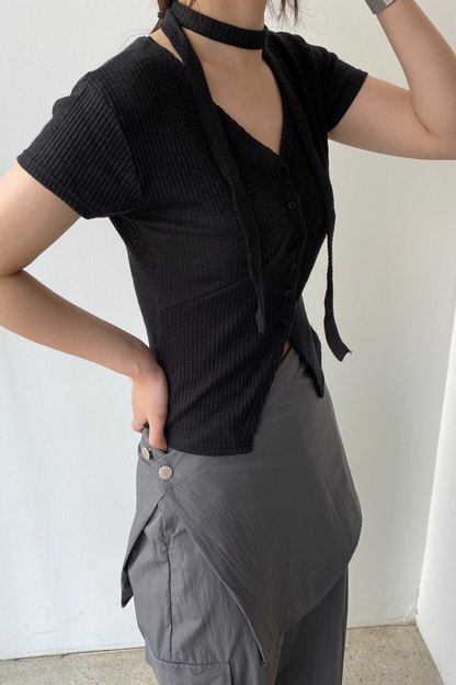 V-Neck Button Down Shirt & Scarf Set